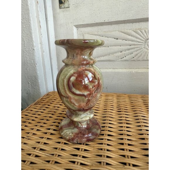 Vintage 70's Green & Brown Banded Onyx Agate Vase 6" Heavy Boho - Picture 3 of 8